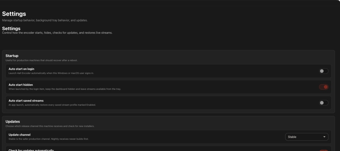 4ALL Encoder application settings
